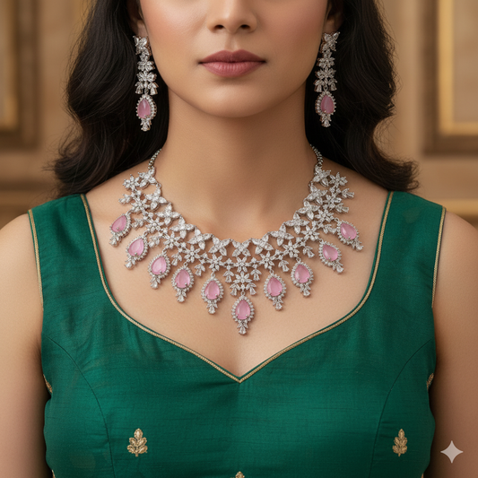 Zoya_Pink_Stone_Silver_Polish_CZ_Designer_Necklace_Set