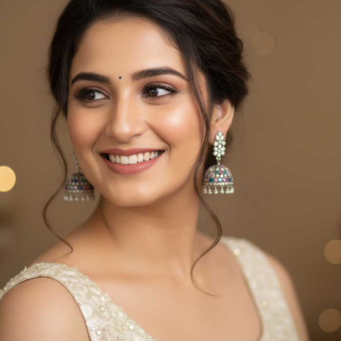 Woman wearing traditional earrings with a blurred background