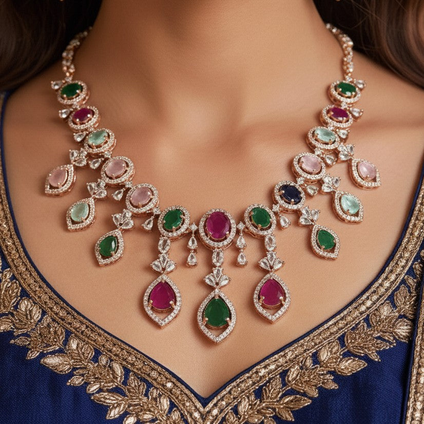 Aarvika Rose Gold Polish CZ Designer Necklace Set