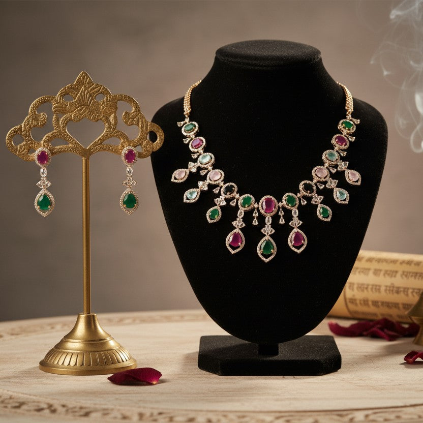 Aarvika Rose Gold Polish CZ Designer Necklace Set