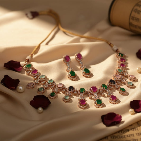 Aarvika Rose Gold Polish CZ Designer Necklace Set