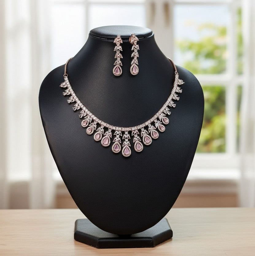 Kiyaa Rose Gold Polish CZ Designer Necklace Set