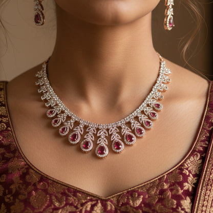 Kiyaa Rose Gold Polish CZ Designer Necklace Set