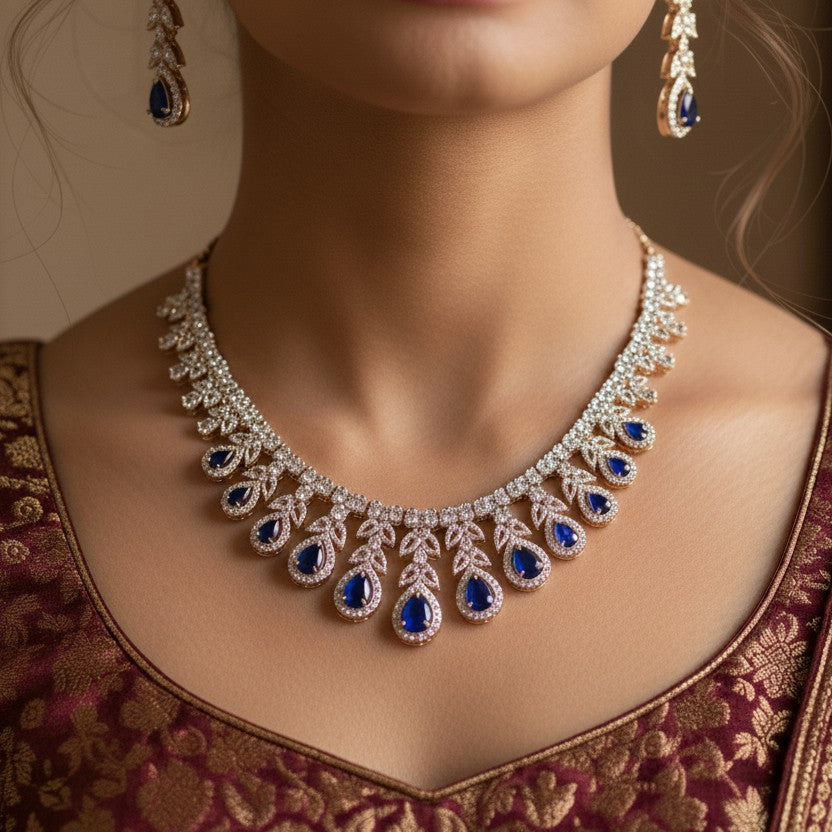 Kiyaa Rose Gold Polish CZ Designer Necklace Set