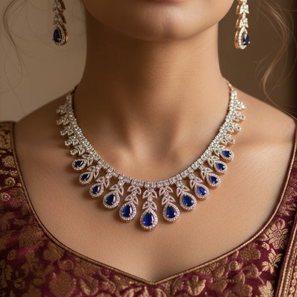 Kiyaa Rose Gold Polish CZ Designer Necklace Set