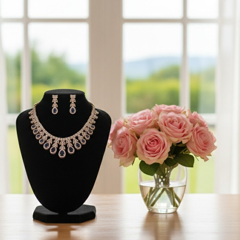 Kiyaa Rose Gold Polish CZ Designer Necklace Set