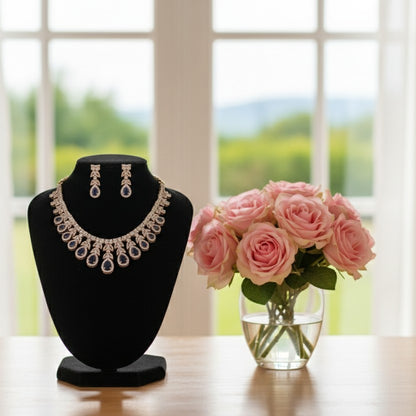 Kiyaa Rose Gold Polish CZ Designer Necklace Set