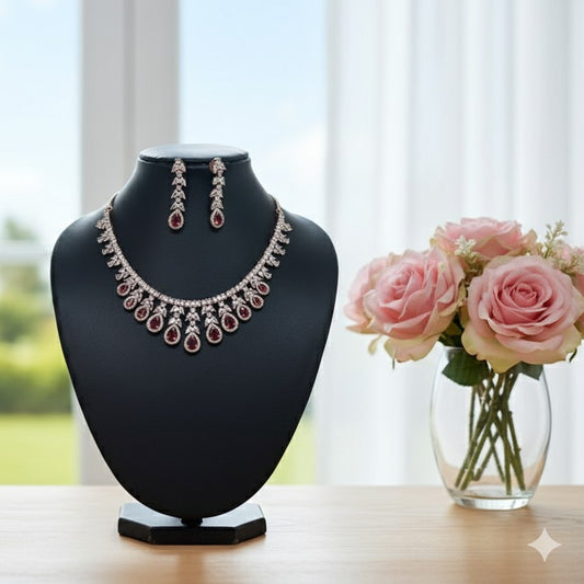 Kiyaa Rose Gold Polish CZ Designer Necklace Set