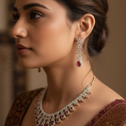 Kiyaa Rose Gold Polish CZ Designer Necklace Set