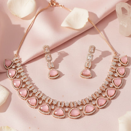 Vani Rose Gold Polish Baby Pink CZ Designer Necklace Set