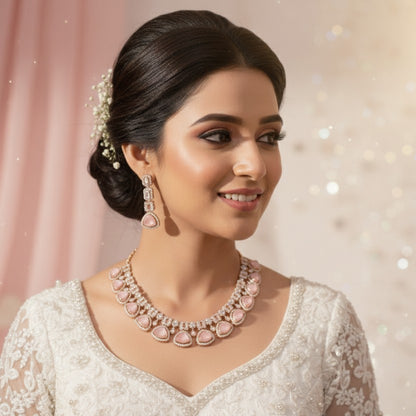 Vani Rose Gold Polish Baby Pink CZ Designer Necklace Set