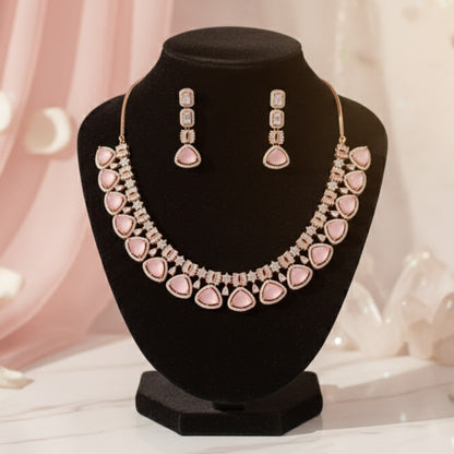 Vani Rose Gold Polish Baby Pink CZ Designer Necklace Set