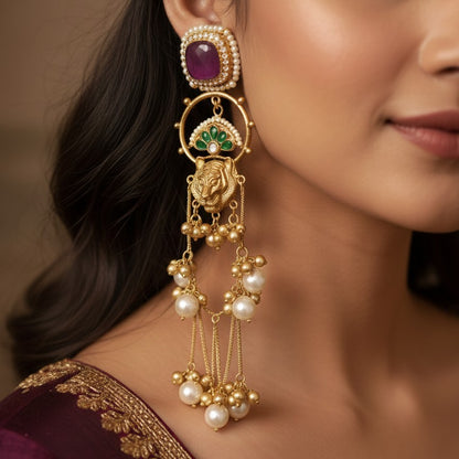 Antique Moissanite Royal Tiger Jhumka Earrings with Pearl and Ghungroo Drops