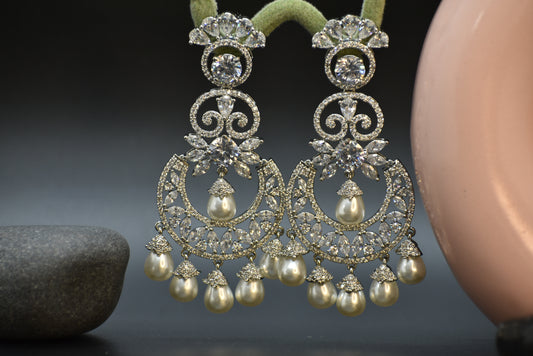 Meira Silver Polish AD Designer Chandbali Earrings