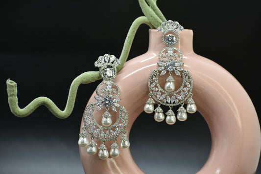 Meira Silver Polish AD Designer Chandbali Earrings