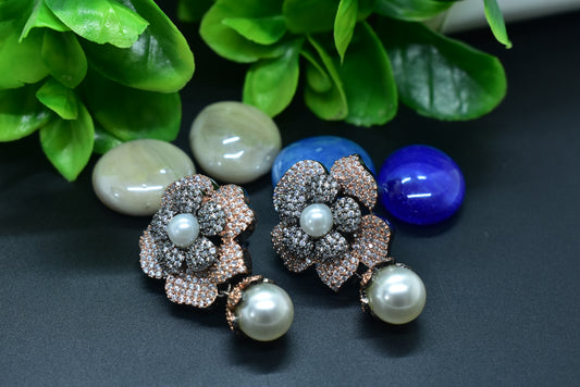 Kimaya Rose Gold Polish AD Designer Flower Earrings