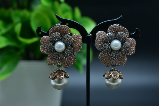 Kimaya Rose Gold Polish AD Designer Flower Earrings