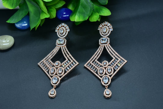 Jhanvi Diamond Shaped Silver Polish AD Designer Earrings
