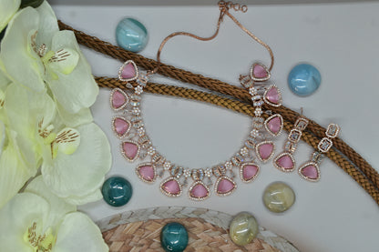 Vani Rose Gold Polish Baby Pink CZ Designer Necklace Set