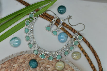 Zara Silver Polish Mint Green CZ Designer Necklace Set