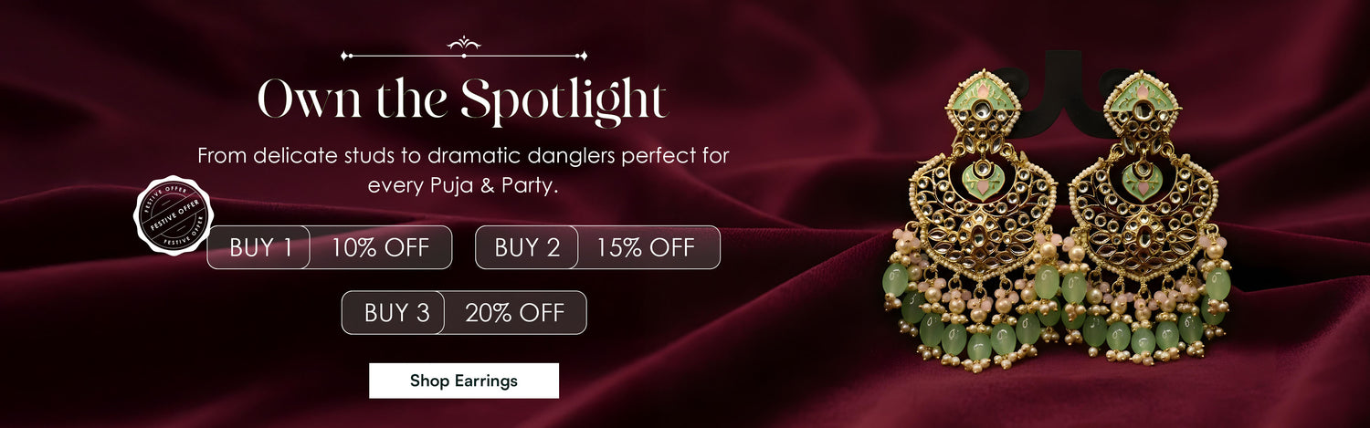 Gold and green polki earrings  with buy 1 at 10% off 2 at 15% off and 3 at 20% off promotional text.