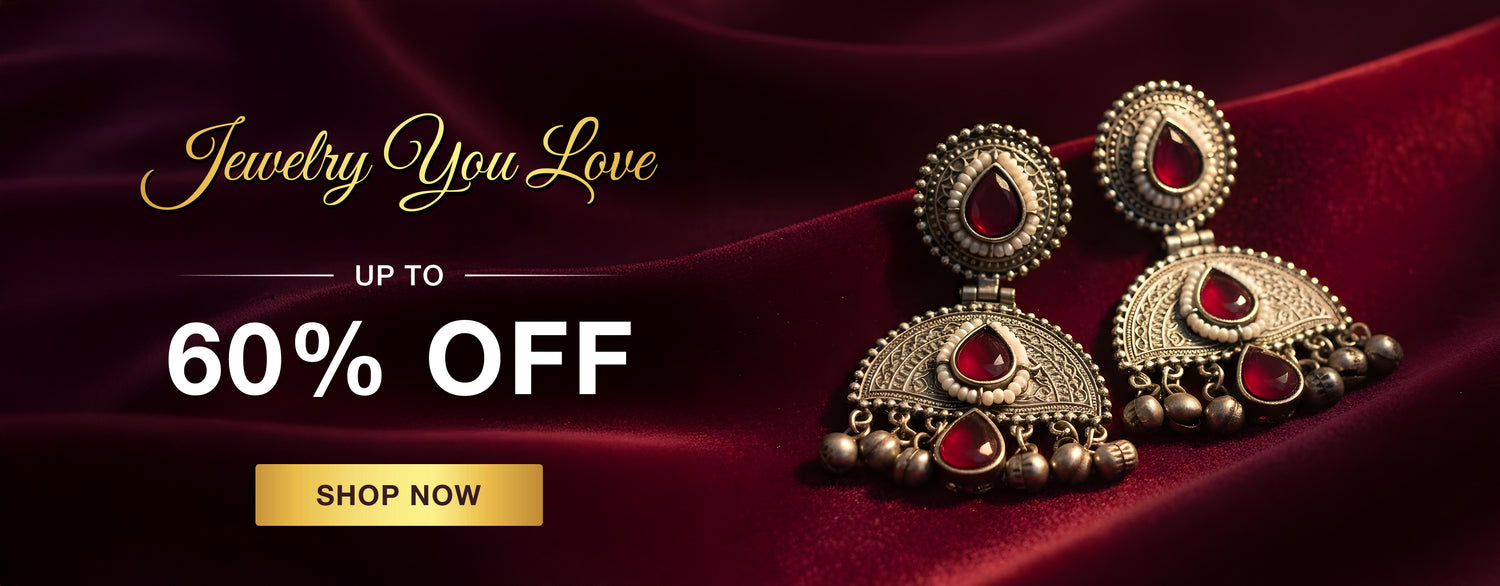 Jewelry You Love sale banner with polki  red earrings at 60% off