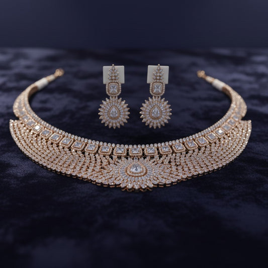 Yara Rose Gold Polish CZ Designer Necklace Set