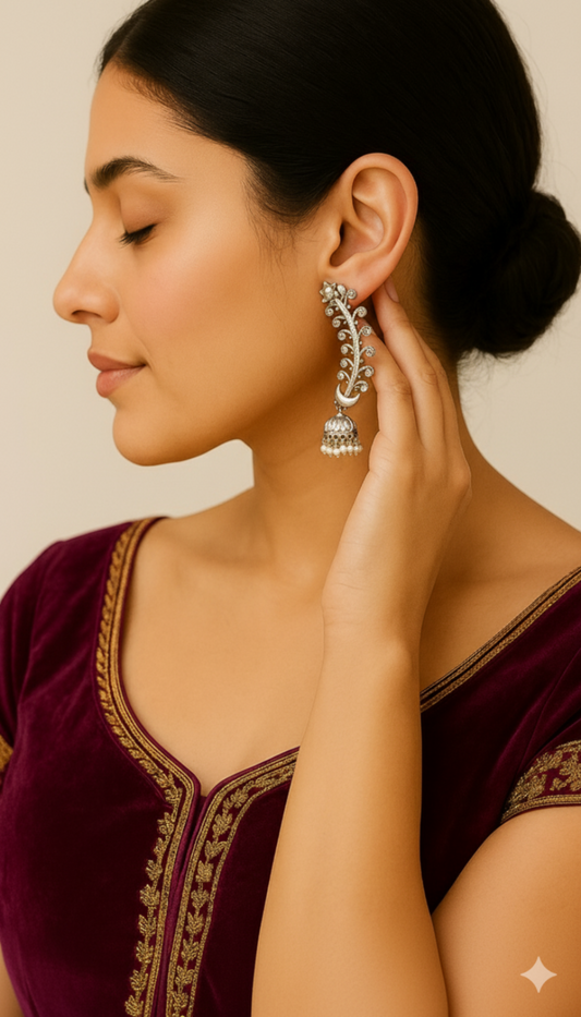 Oxidised Noorani Silver Swirls Pearl Drop Jhumki