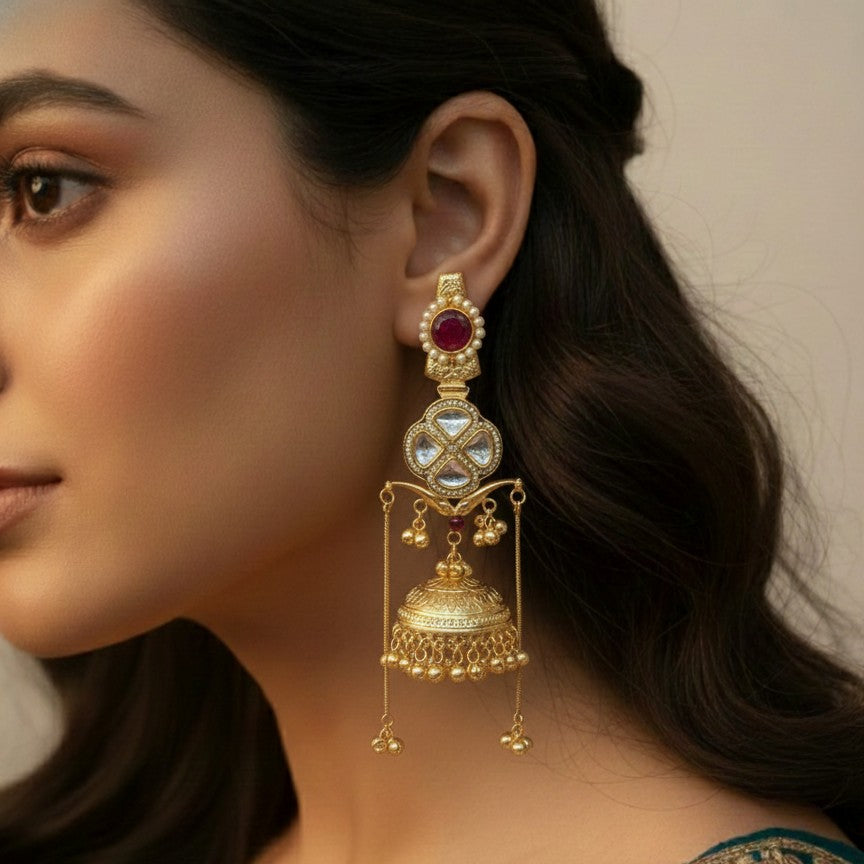 Traditional Kashmiri Royal Moissanite  Flower Jhumka Earrings Embellished with Ghungroo