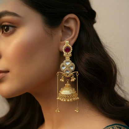 Traditional Kashmiri Royal Moissanite  Flower Jhumka Earrings Embellished with Ghungroo
