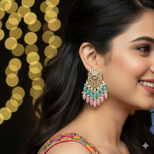 Blue and Pink Polki Earrings