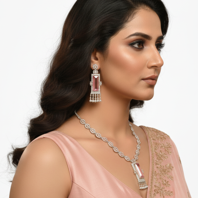 Vrushi Silver Polish Pastel Pink CZ Necklace Set