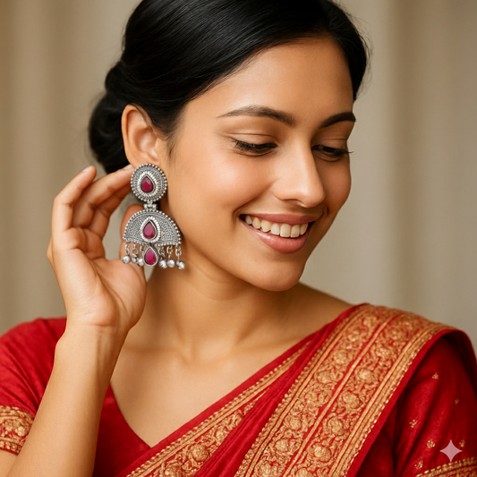 Oxidised Ruhani Silver Plated Meena Handmade Jhumka Earrings