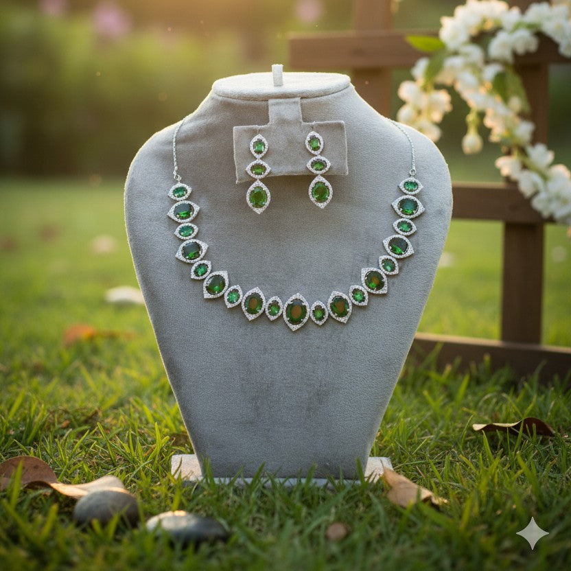 Yuvika Silver Polish CZ Designer Necklace Set