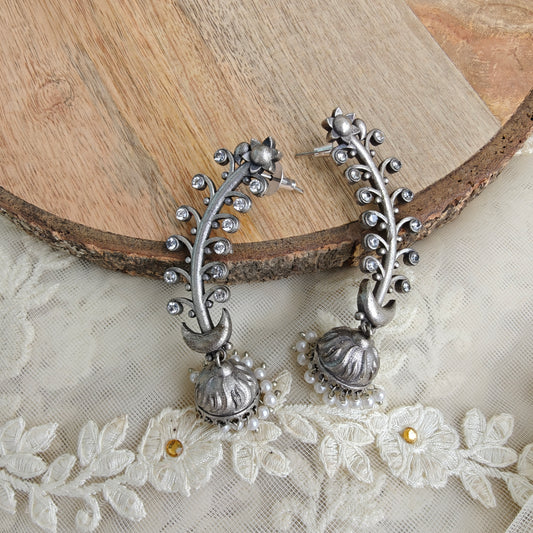 Oxidised Noorani Silver Swirls Pearl Drop Jhumki