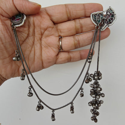 Oxidised Meena Long Hair Chain Earrings With Ghungroo