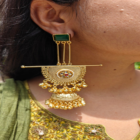 Kashmiri Shabnam Gold Plated Green Dangle Earrings