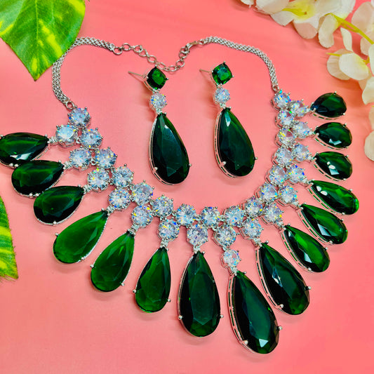 Aisha Silver Polish Emerald CZ Designer Necklace Set