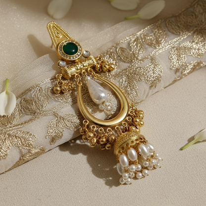 Kashmiri Moissanite Emerald White Pearl Drop Jhumka