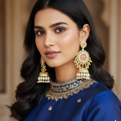 Kashmiri Moissanite Chandbaali with Pearl Drop Jhumka