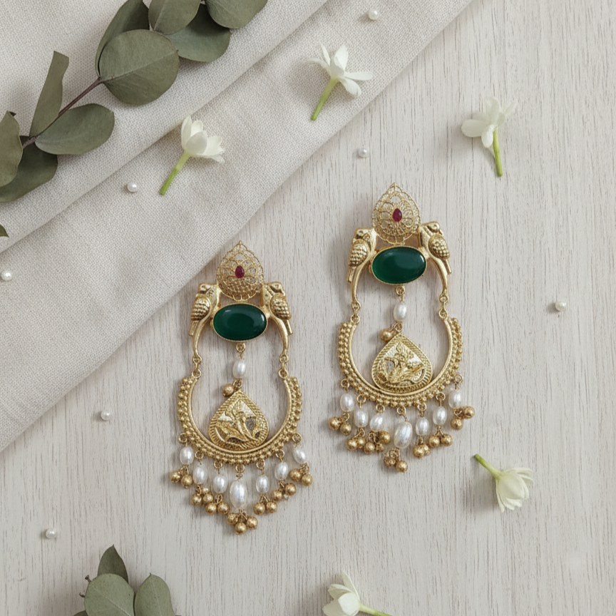 Elegant Gold Plated Moissanite Chanbaali with Pearl Drop Jhumka