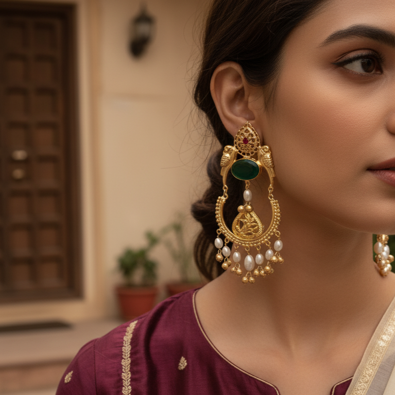Elegant Gold Plated Moissanite Chanbaali with Pearl Drop Jhumka