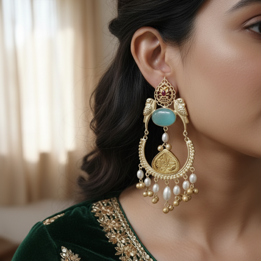 Elegant Gold Plated Moissanite Chanbaali with Pearl Drop Jhumka