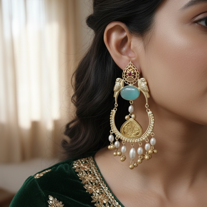 Elegant Gold Plated Moissanite Chanbaali with Pearl Drop Jhumka