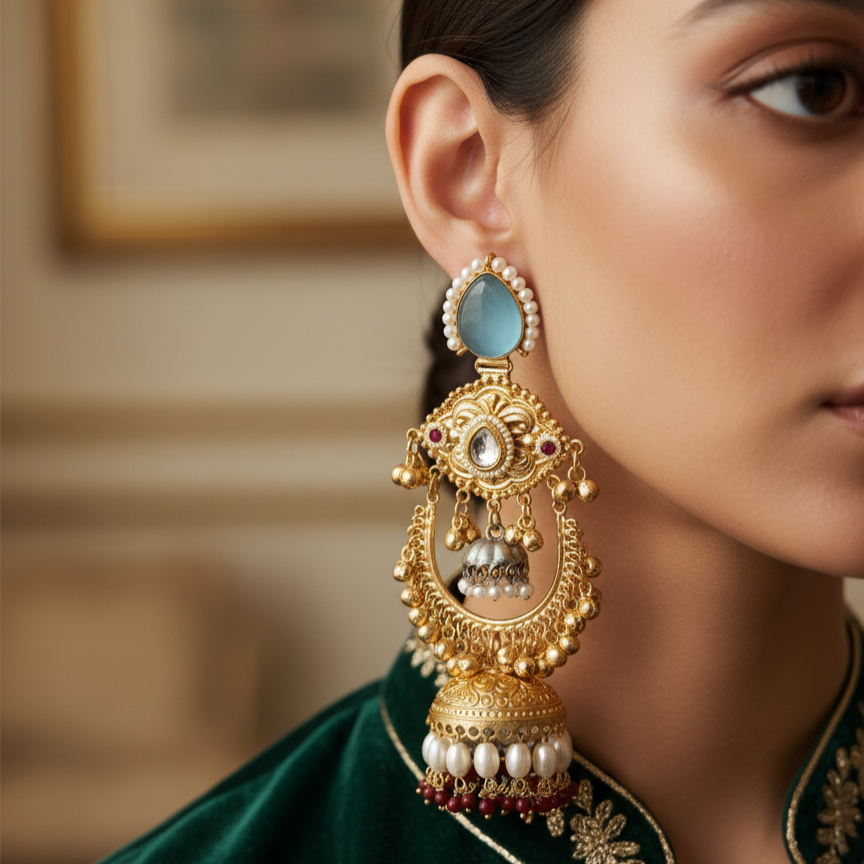 Designer Moissanite intricate with Gold Plated Ghungroo Jhumka Earrings