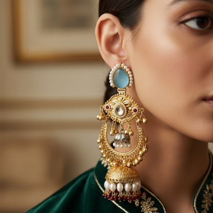 Designer Moissanite intricate with Gold Plated Ghungroo Jhumka Earrings