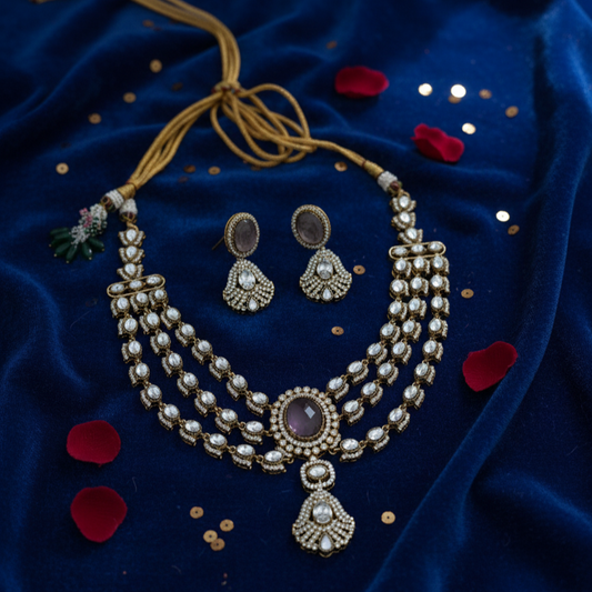 Tulip Moissanite Designer Purple Kundan Layered Necklace and Earrings