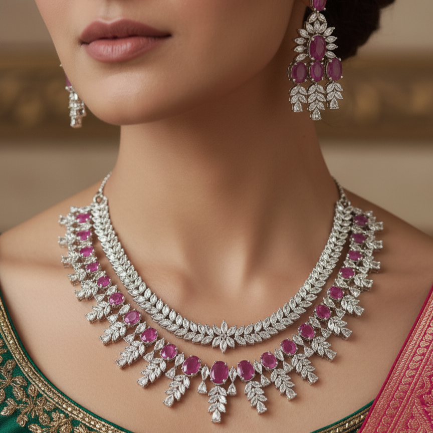 Riya Zirconia Bridal Layered Pink Necklace Set