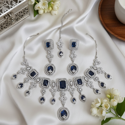 Ramaya Elegant Zirconia Blue Stoned Necklace Set with Mangtikka