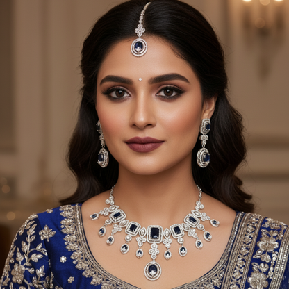 Ramaya Elegant Zirconia Blue Stoned Necklace Set with Mangtikka